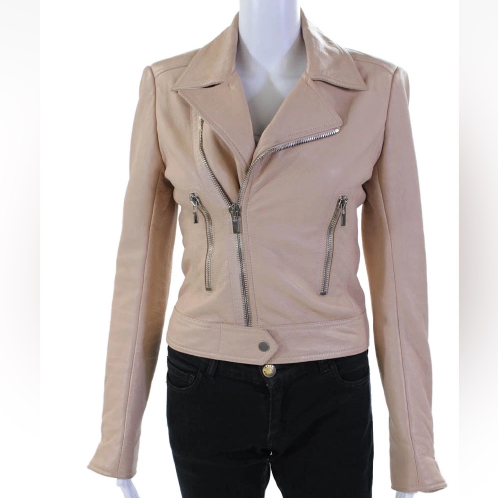 BALENCIAGA Womens Leather Collared Long Sleeve Jacket Beige Size 38